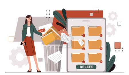 Illustration for Woman deleting data concept. Young girl with folder of documents near trashcan. Clear of space at smartphone of computer. Delete information from storage. Cartoon flat vector illustration - Royalty Free Image