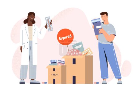 Expired medicines concept. Man and woman near cardboard boxes with tablets. Doctors with bad pills. Pharmacy workers with goods. Cartoon flat vector illustration isolated on white background