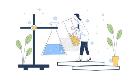 Female scientist with flasks simple. Woman in medical uniform with reagents. Chemical experiments in laboratory. Scientific researching and tests in lab. Doodle flat vector illustraton