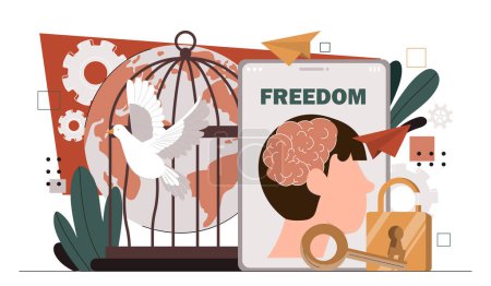 Inner freedom concept. Woman with brain in head. Dove leave cage. Mental health and psychology. Awareness and minfulness. Cartoon flat vector illustration isolated on white background