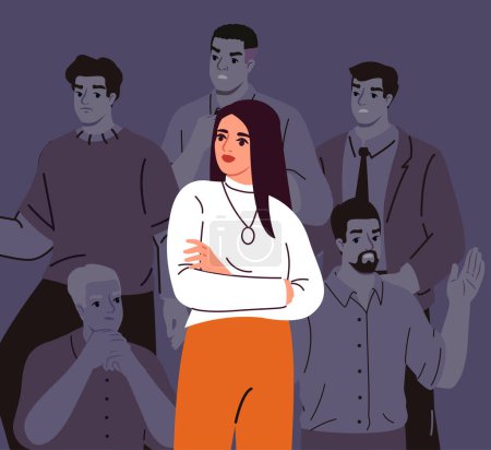 Gender inequality concept. Woman stands near crowd of men. Stop sex discrimination. Equality and equal career opportunities. Tolerance, respect and unity. Cartoon flat vector illustraton