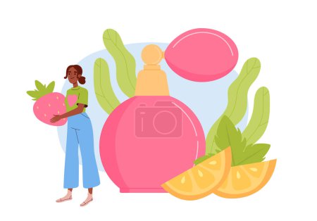 Illustration for Woman with perfume. Young girl with bottle near slies of lemons and straberries. Fragnance and cologne with good aroma and spell. Cartoon flat vector illustration isolated on white background - Royalty Free Image