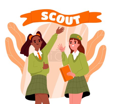 Illustration for Girl scouts concept. Team of kids in green uniform. Activity for schoolers and children. Girls in skirts and jackets. Poster or banner. Cartoon flat vector illustration isolated on white background - Royalty Free Image