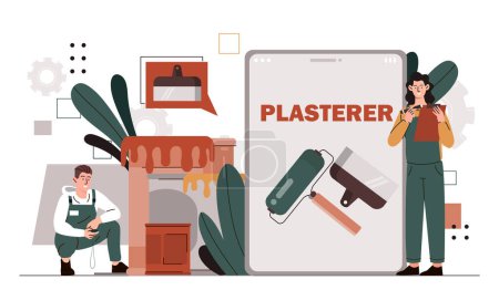 House wall plasterer concept. Man and woman in protective uniform with painting rollers. Repair and fix problems indoor. Team of builders. Cartoon flat vector illustration isolated on white background