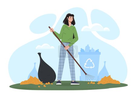 Illustration for Janitor with rakes. Woman with orange leaves in city park near trashcan. Young girl clean at backyard or public place. Cartoon flat vector illustration isolated on white background - Royalty Free Image