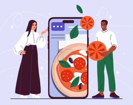 Illustration for Online pizza tutorial. Man and woman near smartphone screen. Educational materials for cooks. Preparation of traditional italian food. Cartoon flat vector illustraton isolated on blue background - Royalty Free Image