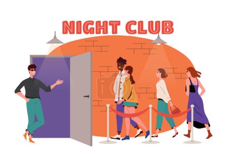 People in line to night club. Trendy men and women go to disco. Party and event. Youth culture and nightlife. Leisure and entertainment. Cartoon flat vector illustration isolated on white background