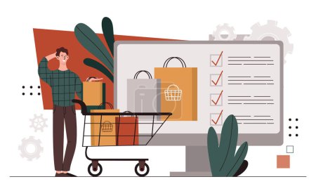 Man with purchasing habit. Young guy with shopping bags in cart. Electronic commerce and marketing. Cashless transfers and transactions. Cartoon flat vector illustration isolated on white background