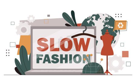 Illustration for Slow fashion concept. Clothes from eco friendly materials. Seamstress at atelier workshop. Mannequin with pin cunshion. Cartoon flat vector illustration isolated on white background - Royalty Free Image