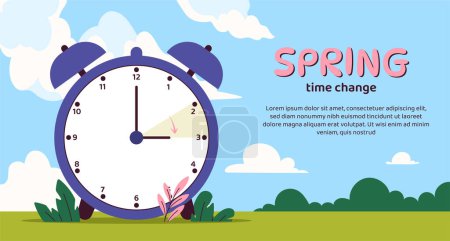Welcome spring forward background. Big clock with turned arrows. International time zones change. Landing webpage design. Natural beautiful panorama. Cartoon flat vector illustration