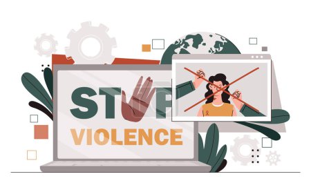 Stop violence concept. Stop sex and gender discrimination. Woman at laptop screen. Tolerance, unity and respect for women. Cartoon flat vector illustration isolated on white background