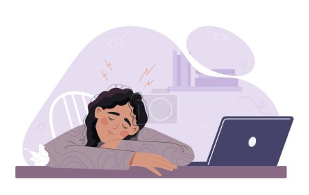 Illustration for Woman with stressful job. Young girl sitting near laptop with mental burnout. Overworked employee at workplace. Bad time management. Cartoon flat vector illustration isolated on white background - Royalty Free Image