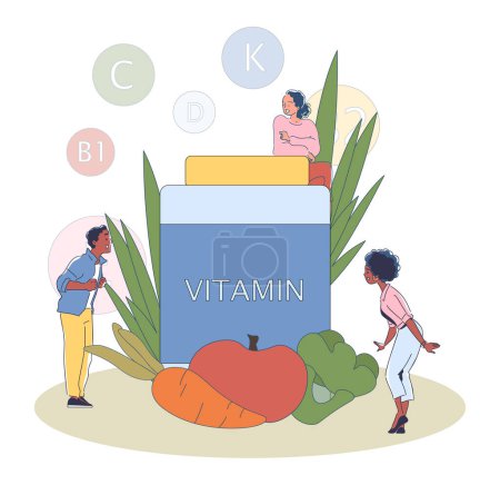 Illustration for People with vitamins simple. Man and woman near carrot and apple. Young guy and girls with vegetables and fruits. Proper diet and nutrition, healthy eating. Cartoon flat vector illustraton - Royalty Free Image