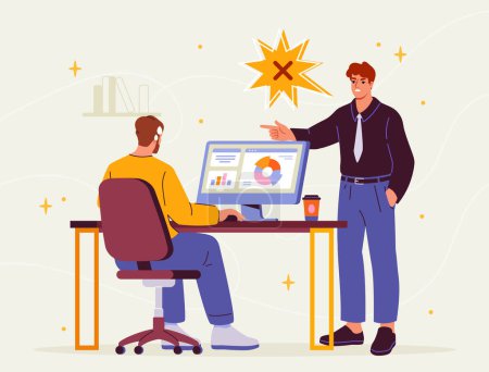 Working conflict concept. Man scream at other worker at workplace. Negative emotions and bad atmosphere in team. Boss dissatisfied with work of his subordinate. Cartoon flat vector illustraton