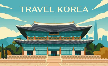 Travel destination poster. Banner of traditional asian building or architectural landmark. Journey to Korea. Tourism, trip or summer vacation. Visit Korean palace. Cartoon flat vector illustration