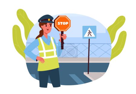 Regulation of road concept. Woman with roadsign at highway. Safety and protection at urban streets. Policewoman near pedestrian crosswalk. Cartoon flat vector illustration isolated on white background