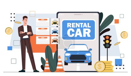 Rental car service concept. Man near smartphone with blue automobile. Mobile application for automobile rent. Deals with transport. Cartoon flat vector illustration isolated on white background
