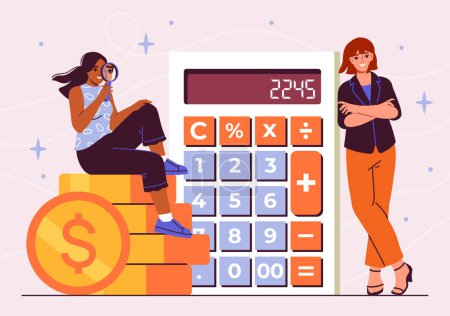 Illustration for Women with tax. Young girls near golden coins and calculator. Financial literacy and accounting, budgeting. Businesswomen with debt. Cartoon flat vector illustration isolated on pink background - Royalty Free Image