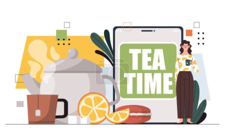 Illustration for Tea time concept. Woman with teapot and cup of hot drinks and slice of lemon. Comfort and coziness indoor. Ceramics mug with coffee. Cartoon flat vector illustration isolated on white background - Royalty Free Image