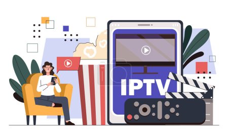 Illustration for Television iptv concept. Internet protocol and multimedia. Interesting content at tv screen. Movie and series on internet for users. Entertainment and leisure. Cartoon flat vector illustration - Royalty Free Image