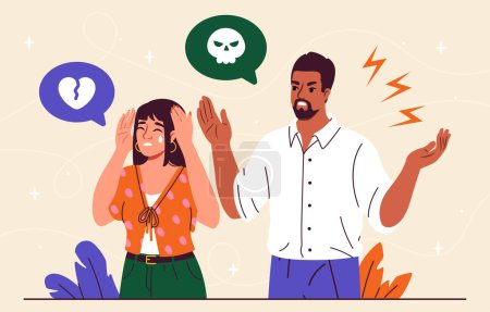 Toxic relationship concept. Man and woman with negative feelings and emotions. Young couple with crisis in love. Guy and girl scream at each other. Cartoon flat vector illustration