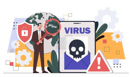 Virus hacker attack concept. Man in suit with magnifying glass near smartphone screen and planet. Protection of personal data and information on internet. Cartoon flat vector illustration