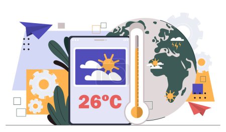 Illustration for Weather forecast online concept. Temperature and rains predictions at global map. Applications and programs. Meteorologist laptop. Poster or banner. Cartoon flat vector illustration - Royalty Free Image
