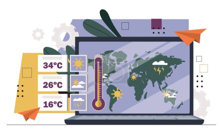 Weather forecast concept. Temperature and rains predictions at global map. Applications and programs. Meteorologist laptop. Cartoon flat vector illustration isolated on white background