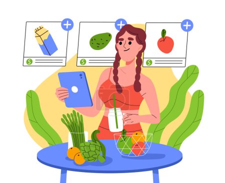 Woman buys groceries concept. Young girl with vegetables and milk. Customer and client with shopping. Electronic commerce, marketing and home delivery. Cartoon flat vector illustration
