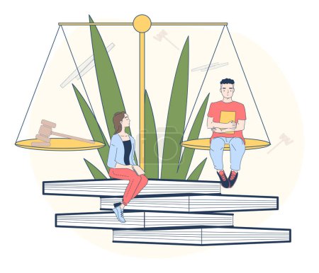 Illustration for Laws with scales linear. Man and woman sitting at books near weights. Jurisprudence and leagl support. Authority of lawyers. Doodle flat vector illustration isolated on white background - Royalty Free Image