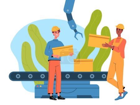 Illustration for Men work in factory. Young guys with cardboard boxes in conveyor belt. Factory and manufacturing. Production of goods and products. Cartoon flat vector illustration isolated on white background - Royalty Free Image