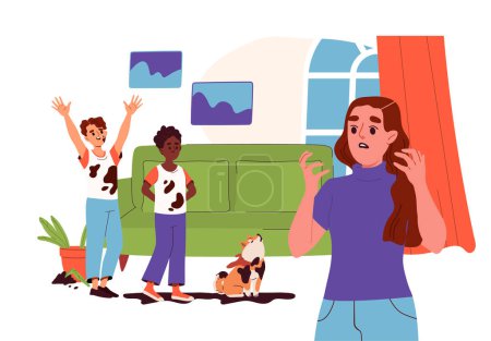 Naughty children at home. Woman with dirty boys and dog indoors. Unhygienic scene from house. Scared mother with soil and groud at floor. Cartoon flat vector illustration isolated on white background