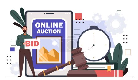 Online auction concept. Man with bid near judge gavel and timer. Deals with pictures and art products. Auctioneers competition. Cartoon flat vector illustration isolated on white background