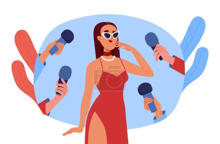Popular woman concept. Girl in red dress with microphones. Celebrity with journalists give interview. Attractive star with paparazzi. Cartoon flat vector illustration isolated on white background