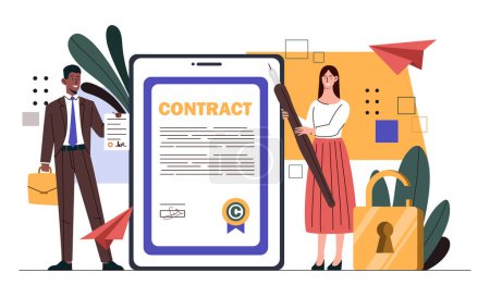 Illustration for People with app contract online. Man and woman with electronic signature. Digital agreement and document online. Exchange of information on internet. Cartoon flat vector illustration - Royalty Free Image