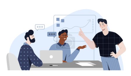Illustration for Business team works concept. Colleagues and partners work at common project. Brainstorming and insights, discussion. Team of analysts with graphs and diagrams. Cartoon flat vector illustration - Royalty Free Image