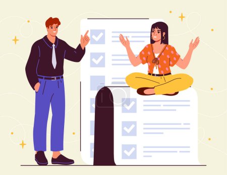 Checklist making concept. Woman and man near notepad. Planning and scheduling, goal settings. Workers and employees with time management and effective work process. Cartoon flat vector illustration