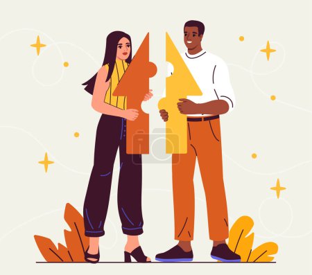 Conflict resolution skills. Man and woman with colorful parts of arrow. Colleagues and partners work at common project. Collaboration and cooperation. Cartoon flat vector illustration
