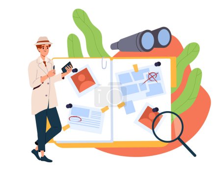 Detective examines evidence concept. Man with magnifying glass and binoculars near book with memo. Policeman leads crime investifation. Cartoon flat vector illustration isolated on white background