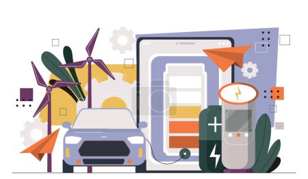 Illustration for Eco friendly car concept. Care about nature and environment. Automobile charging near wind mills and solar panels. Alternative energy and sustainable lifestyle. Cartoon flat vector illustration - Royalty Free Image