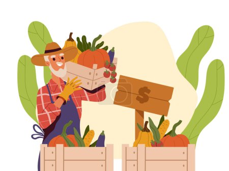 Téléchargez les illustrations : Le fermier vend des légumes. Homme âgé avec des boîtes en carton avec des produits naturels et biologiques. Soutenez votre magasin local. Pensionné avec des boîtes de tomates et d'aubergines. Illustration vectorielle plate de bande dessinée - en licence libre de droit