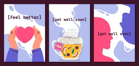 Get well soon set. Hands with heart and tea in glass. Comfort and coziness. Mental wellbeing and relaxation, care about felings. Cartoon flat vector collection isolated on blue background