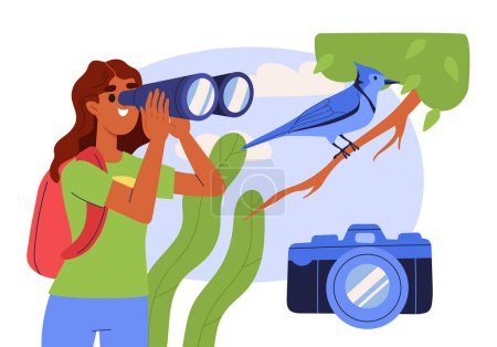 Frau sieht Vogel an. Ein junges Mädchen mit Fernglas und Kamera blickt auf den blauen Vogel. Ornithologe beobachtet Wildtiere. Tropische und exotische Fauna und Flora. Cartoon-flache Vektorillustration