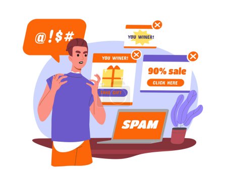 Man annoyed by spam. Young guy with advertisement at laptop. Promotion of goods on internet. Campaign in cyberspace and electronic mail. Cartoon flat vector illustration isolated on white background