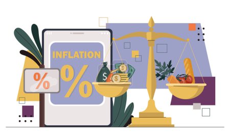 Inflation in economy concept. Golden scales with products and golden coins. Economic crisis and recession. Nominal of dollars and euros. Cost of life. Cartoon flat vector illustration
