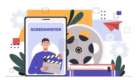 Screenwriter online concept. Man with clapperboard in hands at smartphone screen. Film industry, movies and series production. Cartoon flat vector illustration isolated on white background