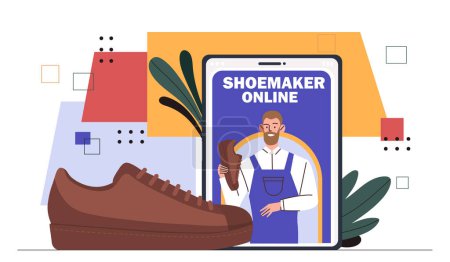 Shoemaker online concept. Male brown boot near needles. Apparel and clothes. Workshop or studio with equipment. Man in uniform with shoe. Cartoon flat vector illustration isolated on white background