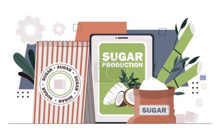 Zuckerproduktionskonzept. Produktion von Süßigkeiten aus Zuckerrohr. Dessert und Delikatesse. Kokosnuss und weiße Karotten. Ungesunde Ernährung. Cartoon flache Vektorillustration isoliert auf weißem Hintergrund