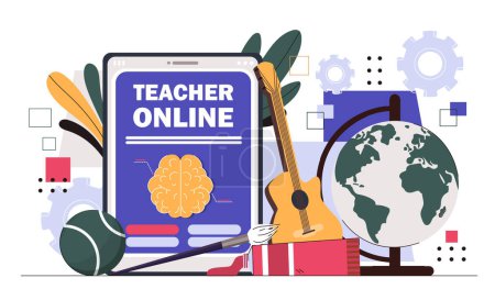 Illustration for Teacher online service concept. Guitar and paintbrush with paints, globe. Remote education, learning and training. Creativity development. Cartoon flat vector illustration isolated on white background - Royalty Free Image