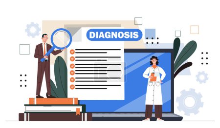 Telemedicine online concept. Man with magnifying glass and woman in medical uniform. Diagnosis, health care and treatment. Remote doctors consultation. Cartoon flat vector illustration